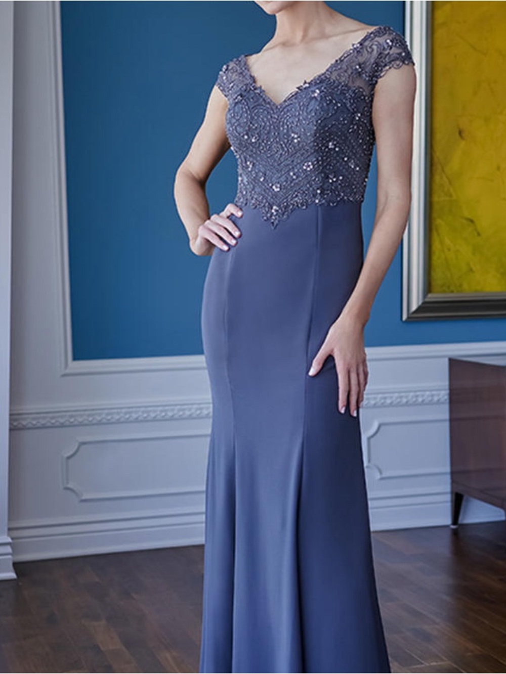 Beaded V‑Neck Slate Blue Evening Gown